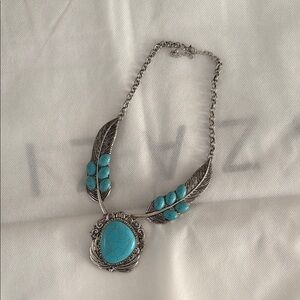 Faux Turquoise and Silver Feather western Necklace